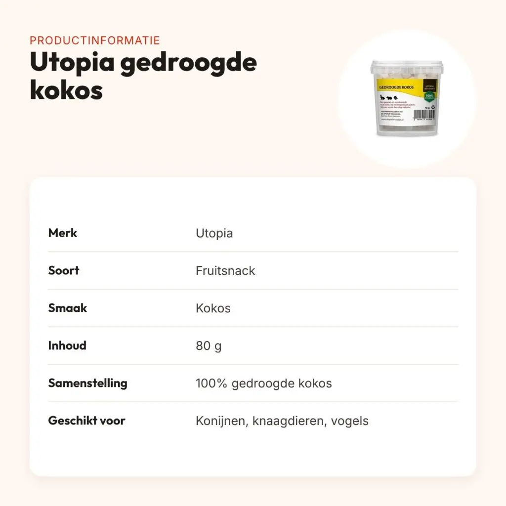 Utopia gedroogde kokos 80 g – fruitsnack voor knaagdieren en vogels – productinformatie