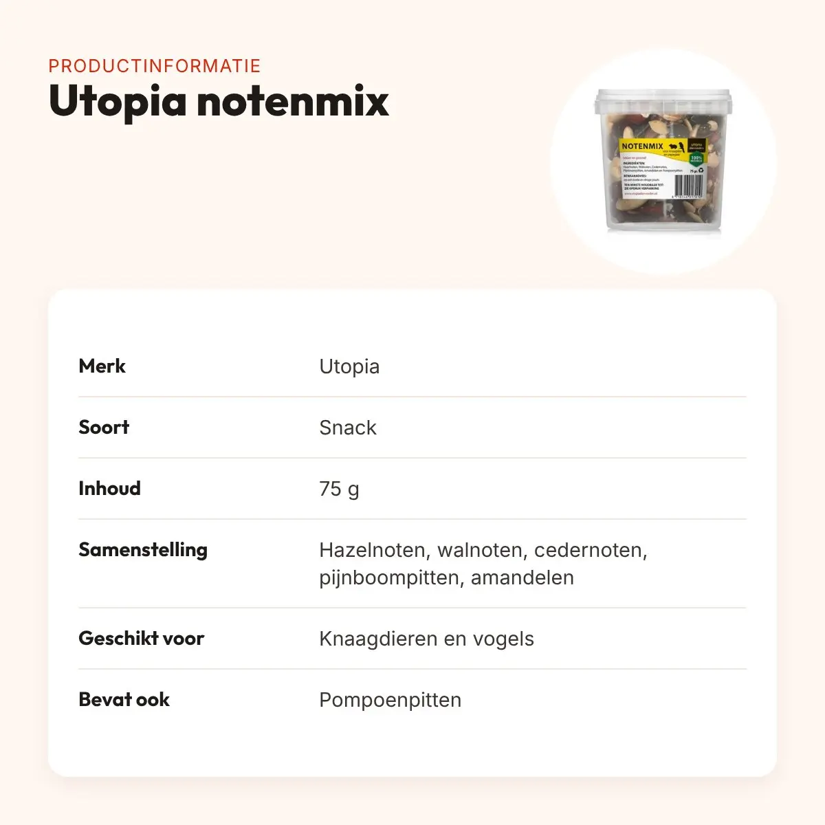 Utopia notenmix 75 g – snack voor knaagdieren en vogels – productinformatie