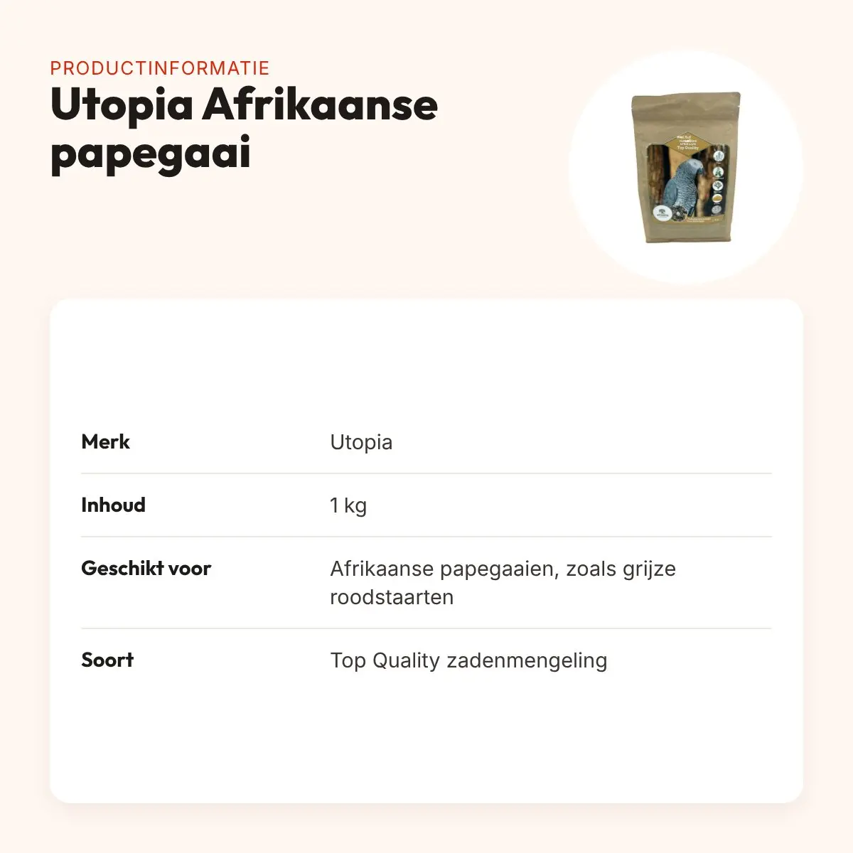 Utopia papegaaienvoer Afrikaans Top Quality 1 kg – met tijmpoeder – productinformatie