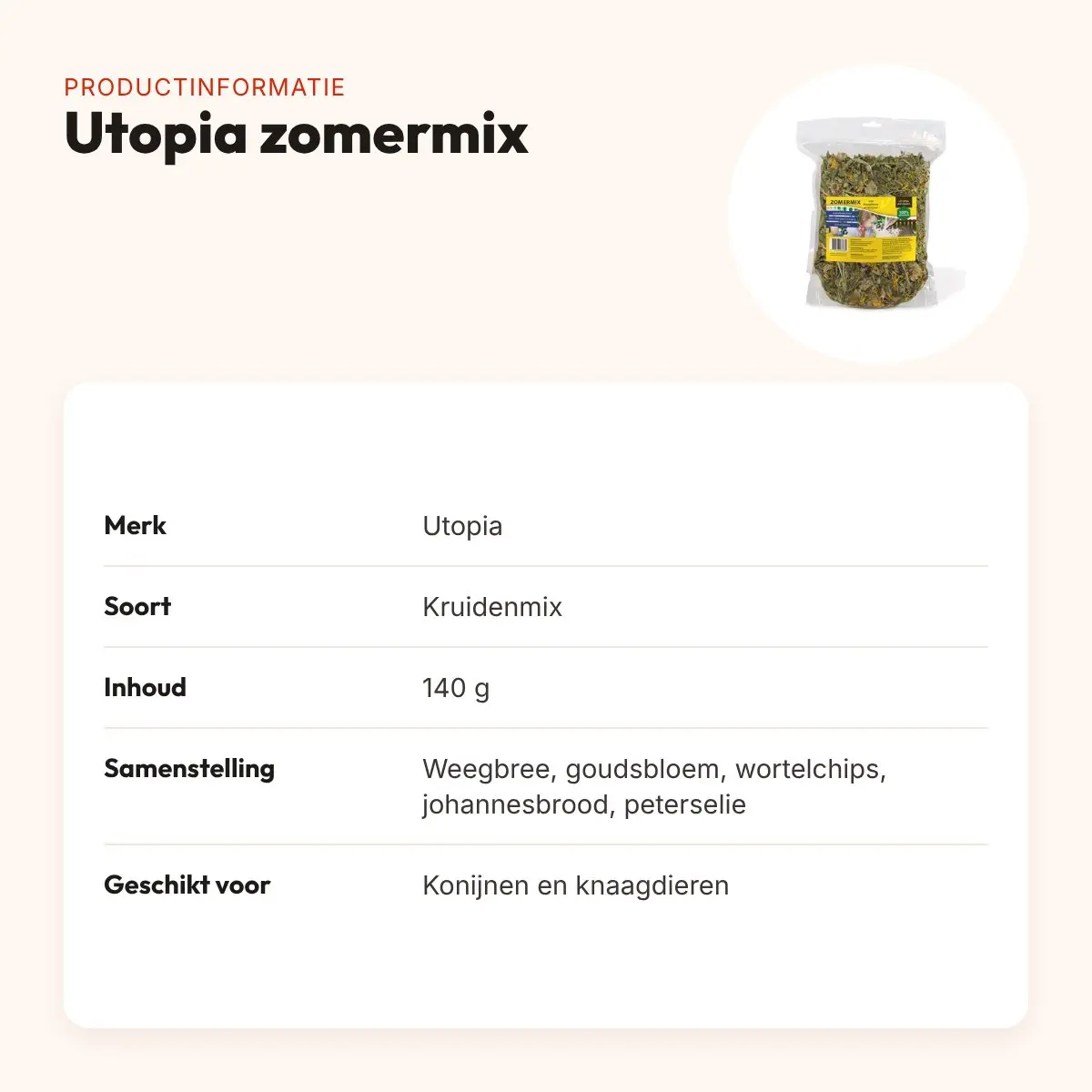 Utopia zomermix 140 g – caloriearme kruidenmix voor konijnen en knaagdieren – productinformatie