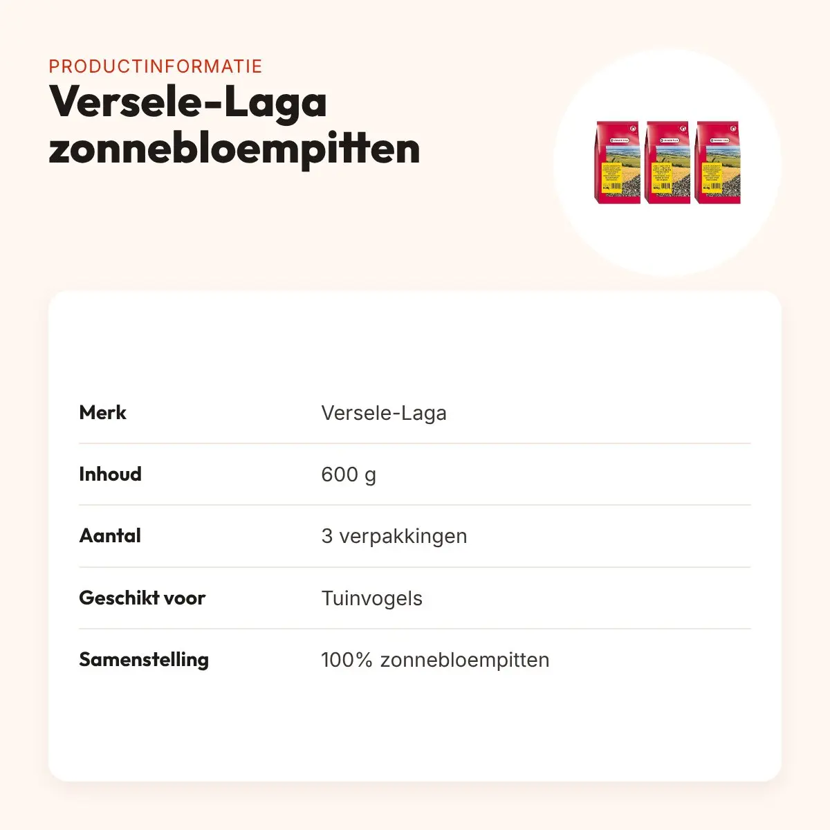 Versele-Laga gestreepte zonnebloempitten 600 g – multipack 3 stuks – productinformatie