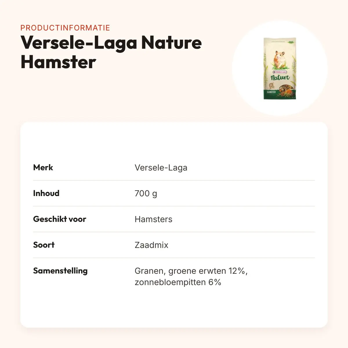 Versele-Laga Nature Hamster hamstervoer 700 g – met meelwormen – productinformatie