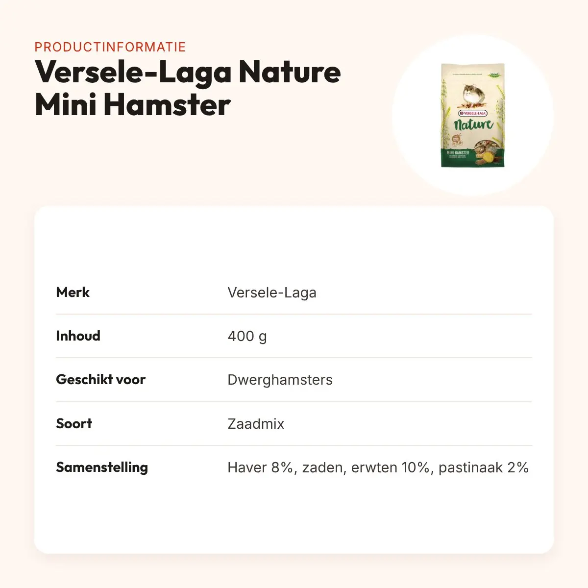 Versele-Laga Nature Mini Hamster dwerghamstervoer 400 g – meelwormen – productinformatie