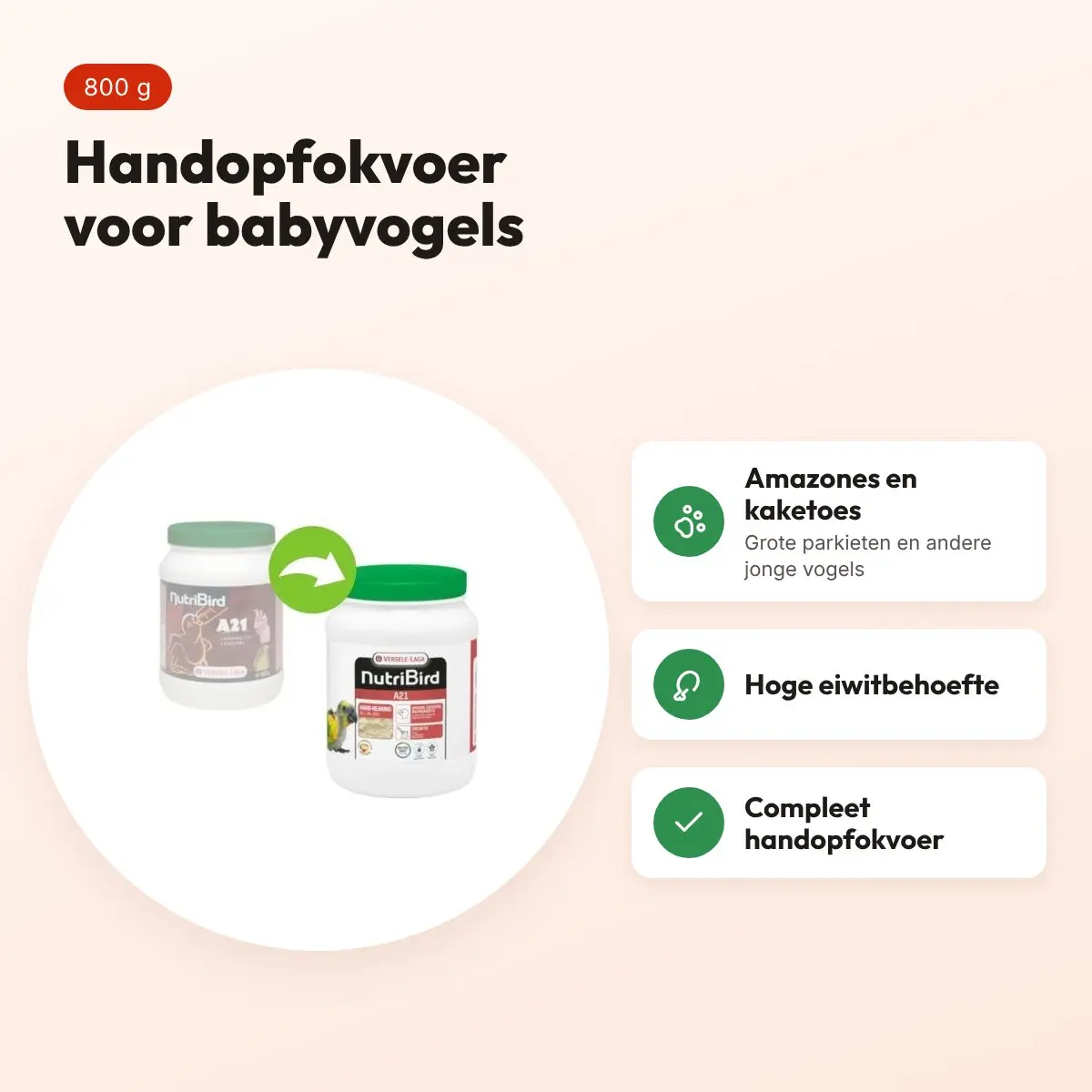 Versele-Laga Nutribird A21 handopfokvoer babyvogels 800 g – voordelen