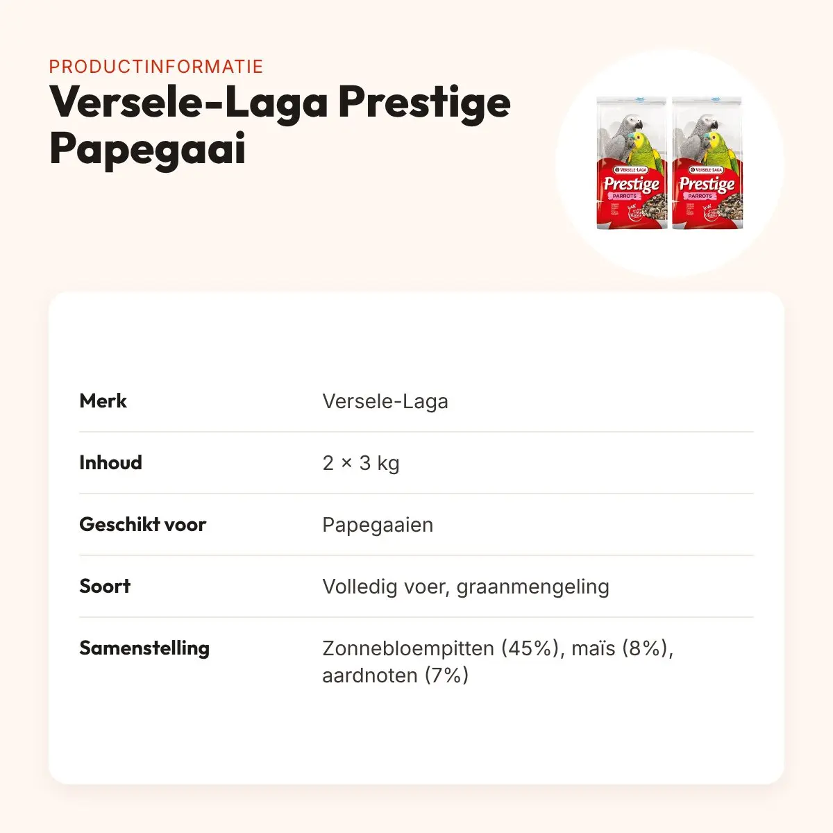 Versele-Laga papegaaienvoer Prestige Papegaai 3 kg – multipack 2 stuks – productinformatie