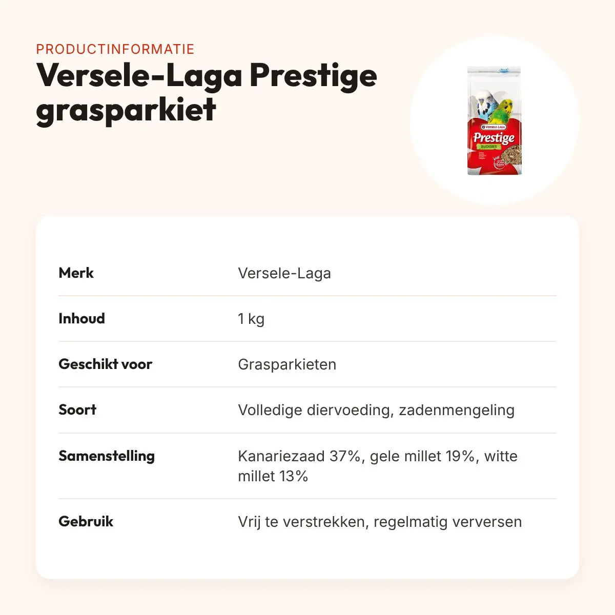 Versele-Laga Prestige grasparkietenvoer 1 kg – bonte mengeling – productinformatie