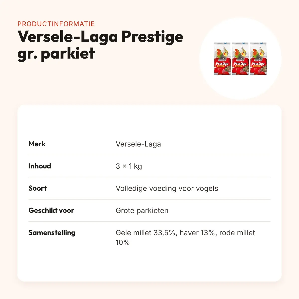 Versele-Laga Prestige grote parkiet parkietenvoer 1 kg – multipack 3 stuks – productinformatie