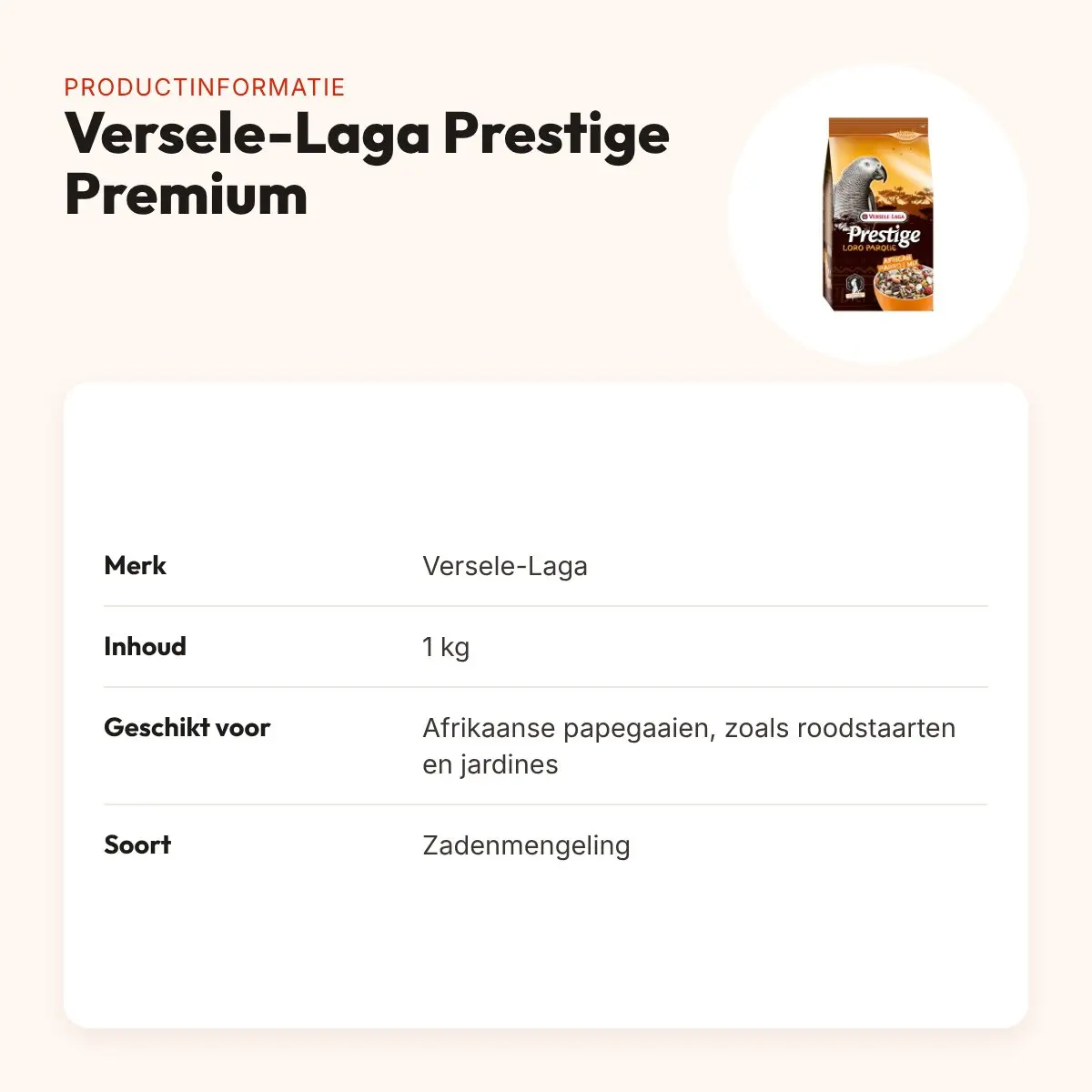 Versele-Laga Prestige Premium Afrikaanse papegaai 1 kg – zaadmengeling – productinformatie