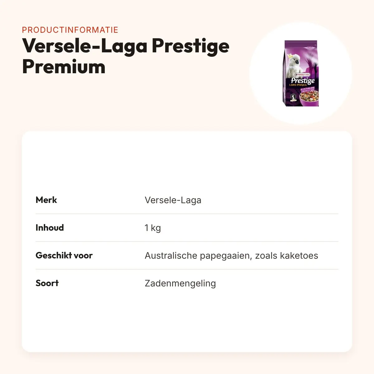 Versele-Laga Prestige Premium Australische papegaai 1 kg – zaadmengeling – productinformatie
