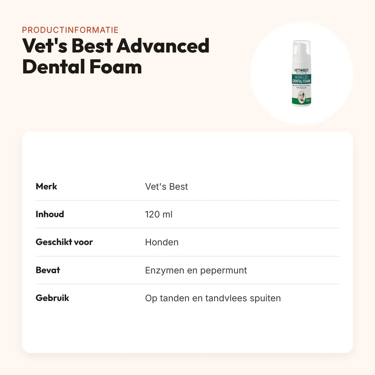 Vet's Best Advanced Dental Foam hond 120 ml – tandenreiniger – productinformatie