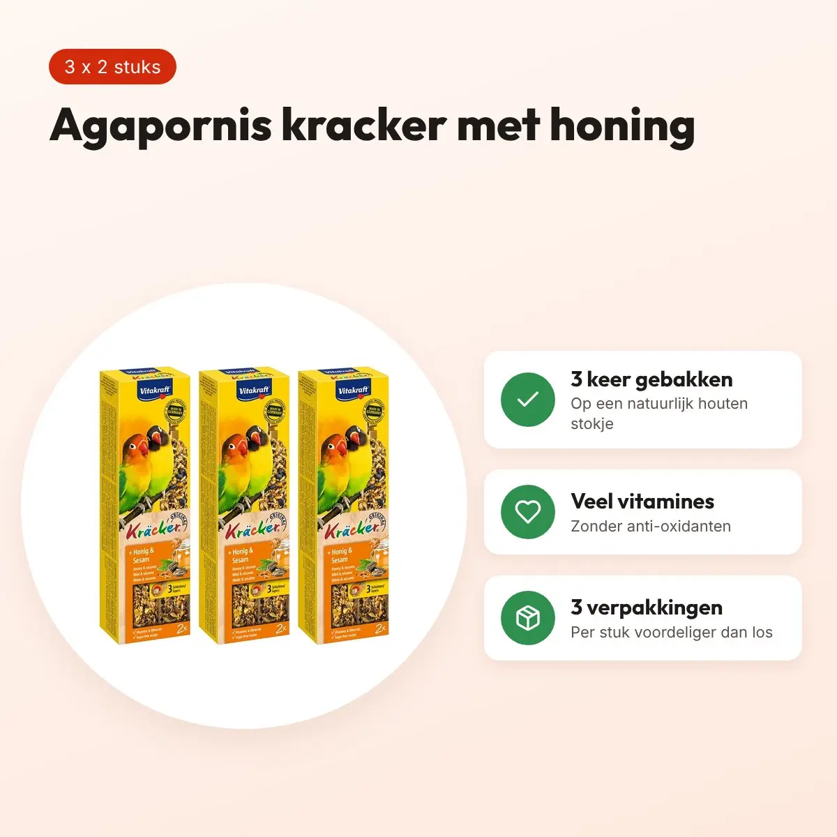Vitakraft agapornis kracker honing 2 in 1 – multipack 3 x 2 stuks – voordelen