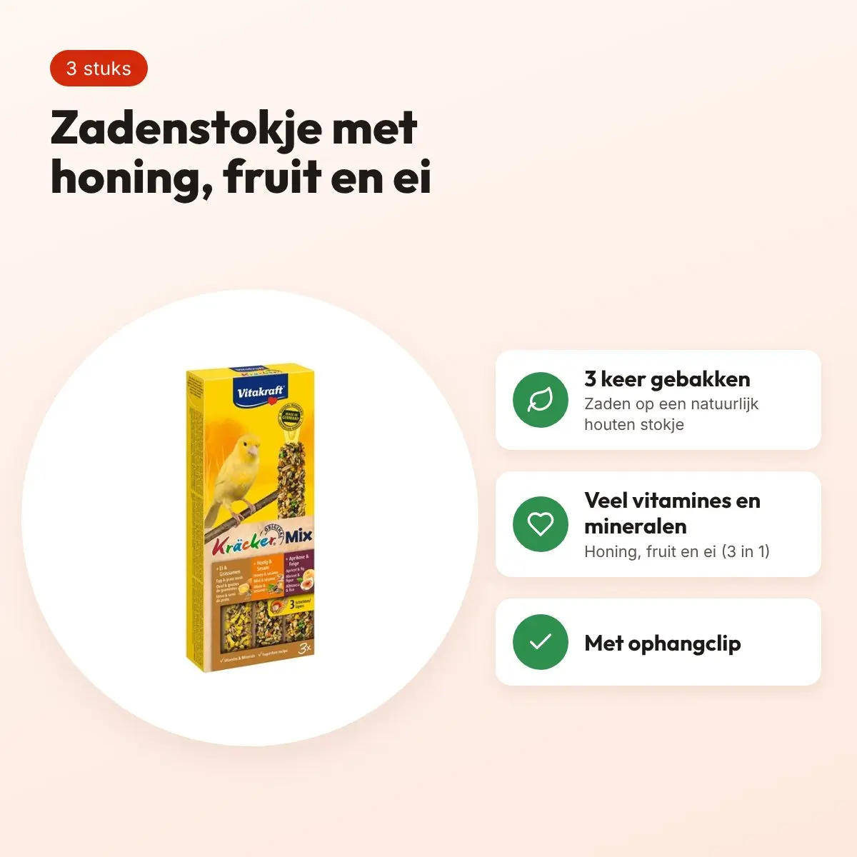 Vitakraft kanarie kracker honing, fruit en ei 3 in 1 – 3 stuks – voordelen