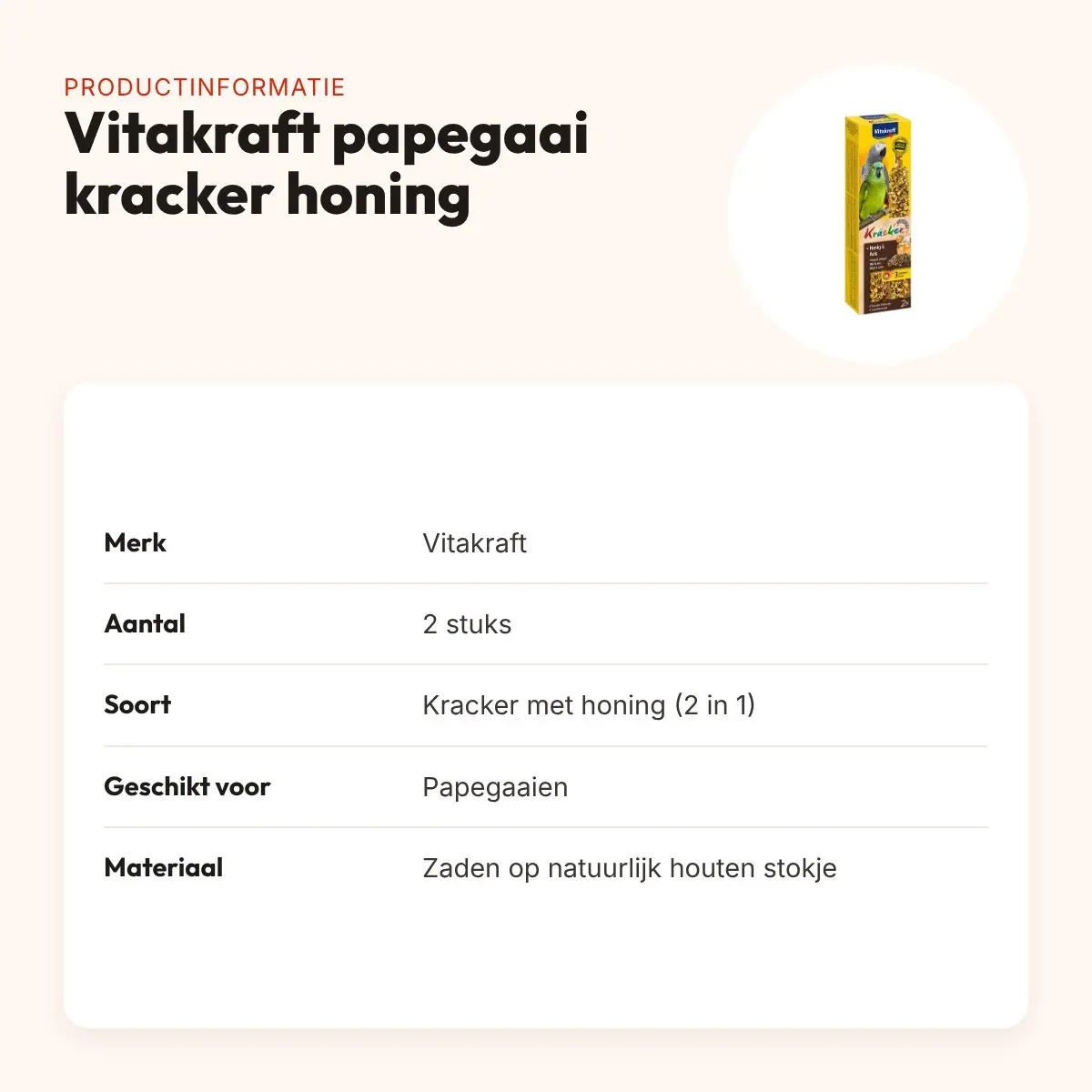 Vitakraft papegaai kracker honing 2 in 1 – 2 stuks – productinformatie