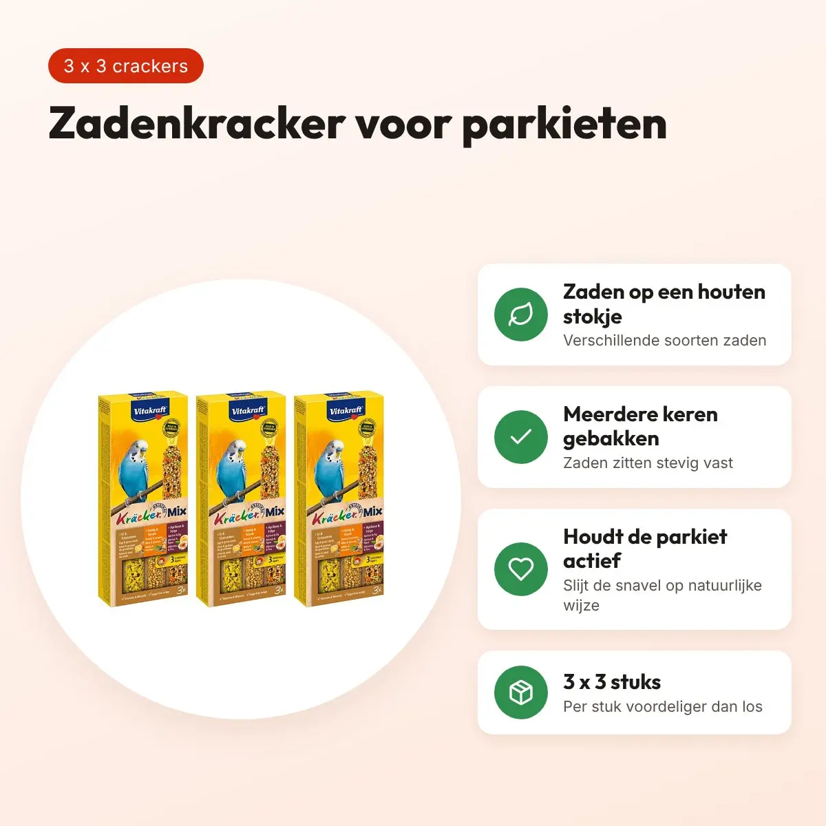 Vitakraft parkietenkracker honing, fruit en ei – multipack 3 x 3 stuks – voordelen