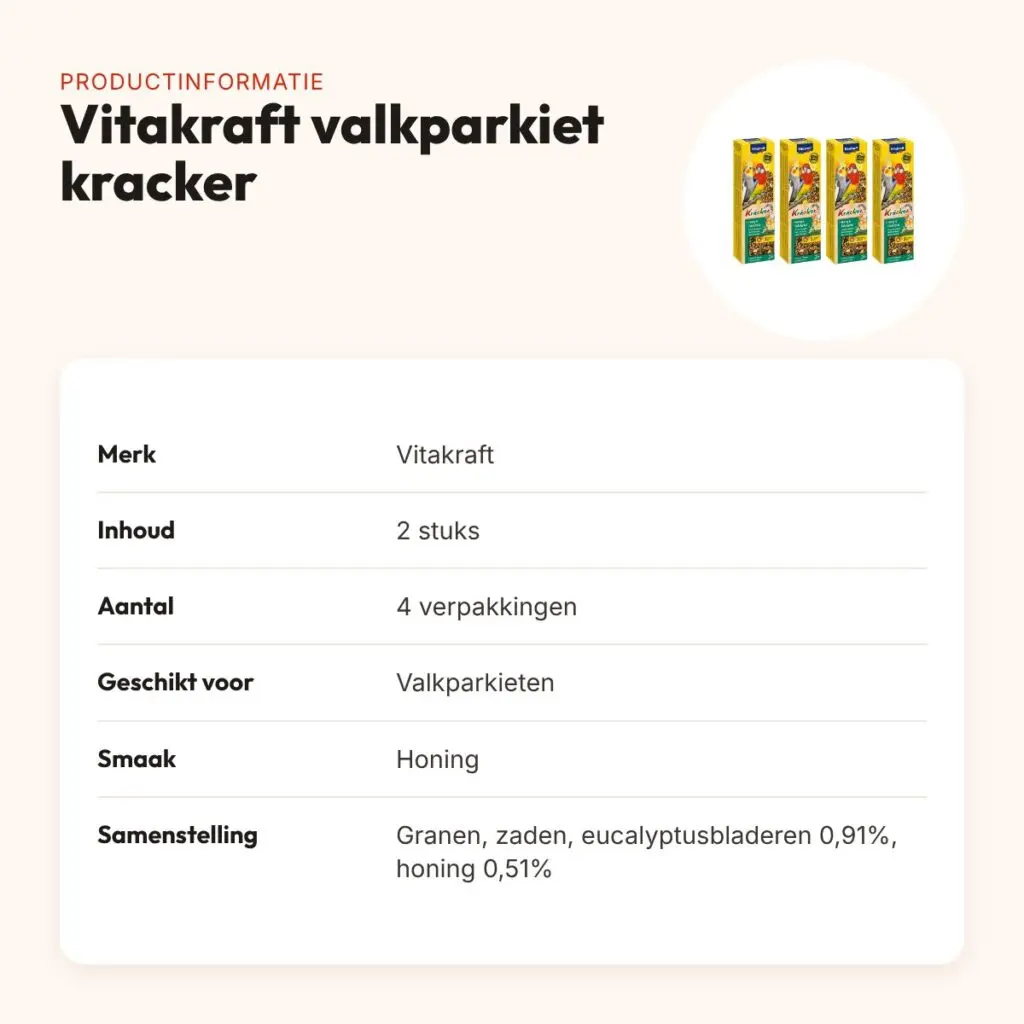 Vitakraft valkparkiet kracker honing 2 in 1 – multipack 4 x 2 stuks – productinformatie