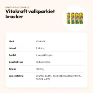 Vitakraft valkparkiet kracker honing 2 in 1 – multipack 4 x 2 stuks – productinformatie