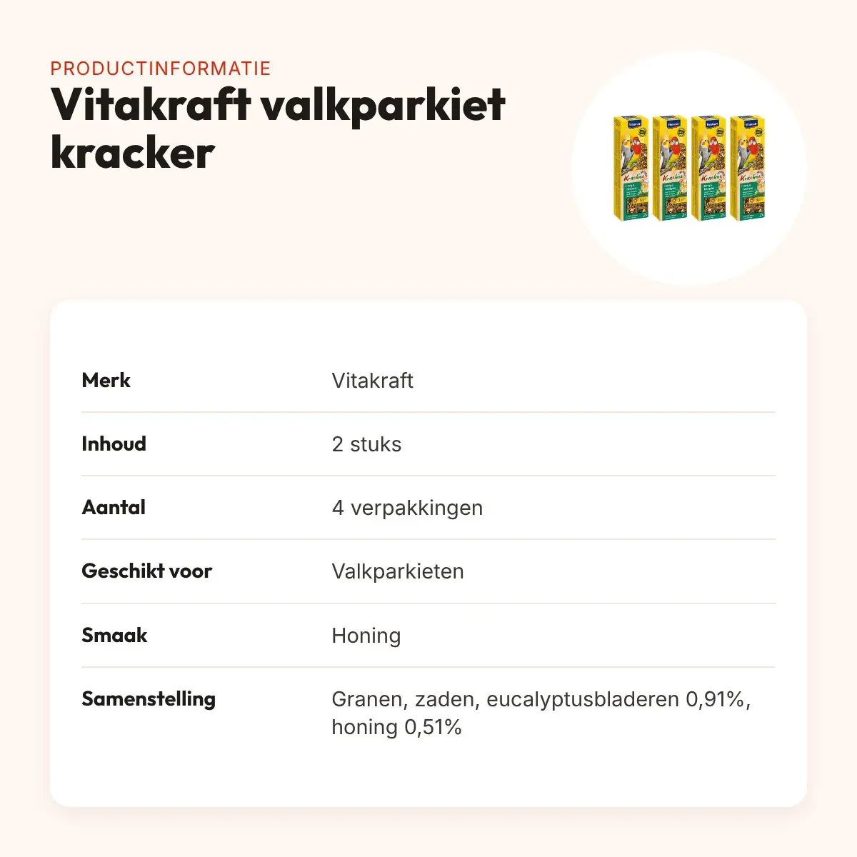 Vitakraft valkparkiet kracker honing 2 in 1 – multipack 4 x 2 stuks – productinformatie