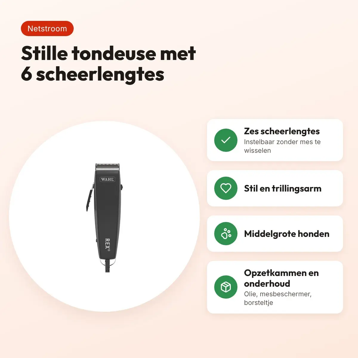 Wahl tondeuse Rex – stil, 6 scheerlengtes, voor middelgrote honden – voordelen