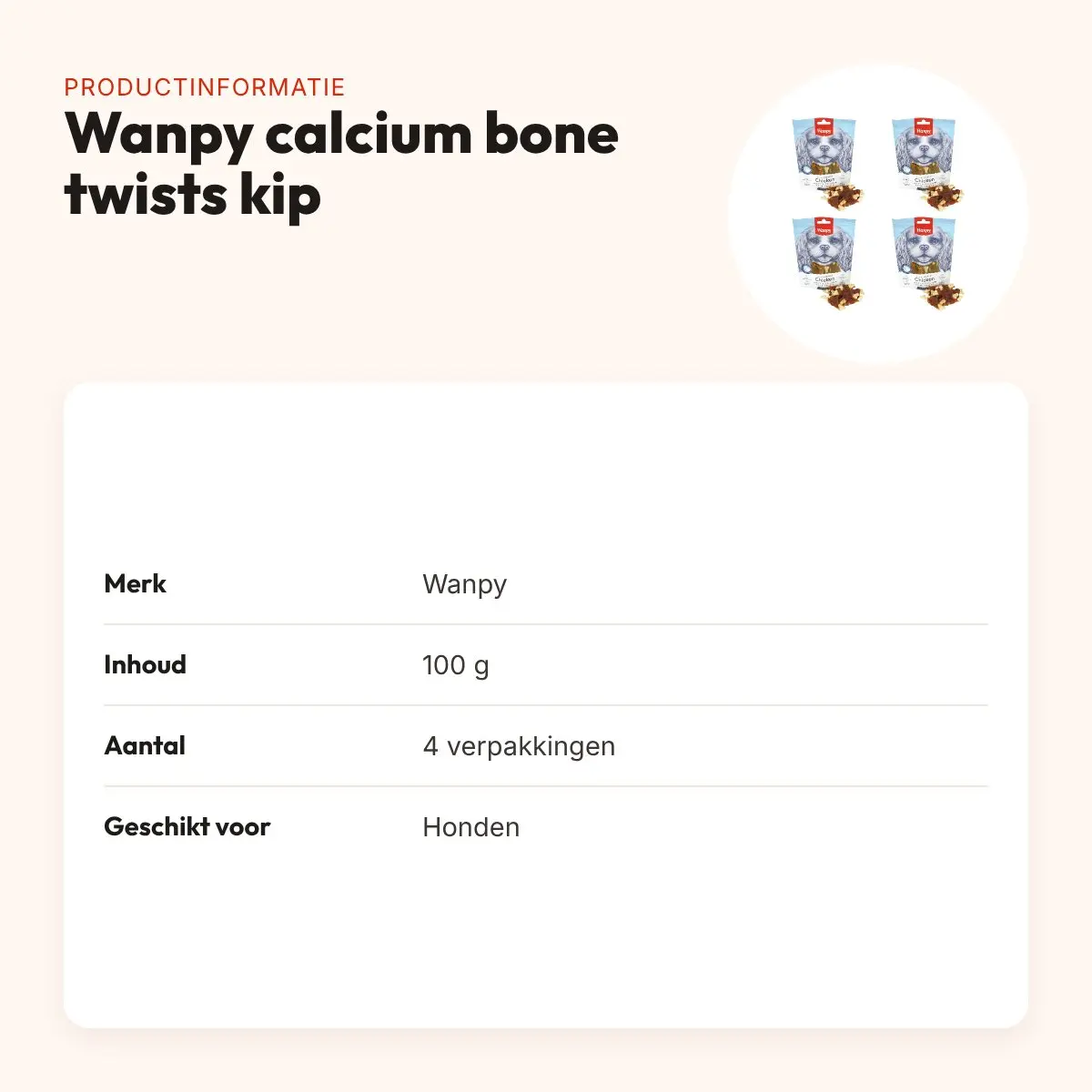Wanpy hondensnack kip jerky calcium bone twists 100 g – multipack 4 stuks – productinformatie