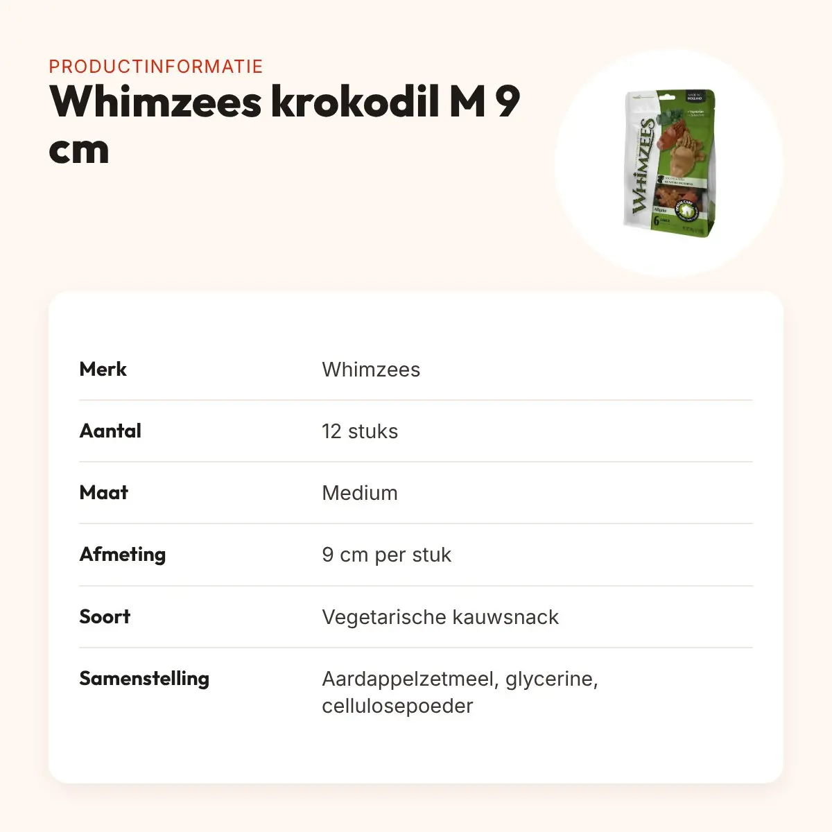 Whimzees krokodil hondenkauwsnack Medium 9 cm – vegetarisch, 12 stuks – productinformatie