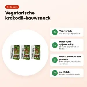 Whimzees Krokodil Medium 9 cm vegetarische snack – multipack 3 x 12 stuks – voordelen