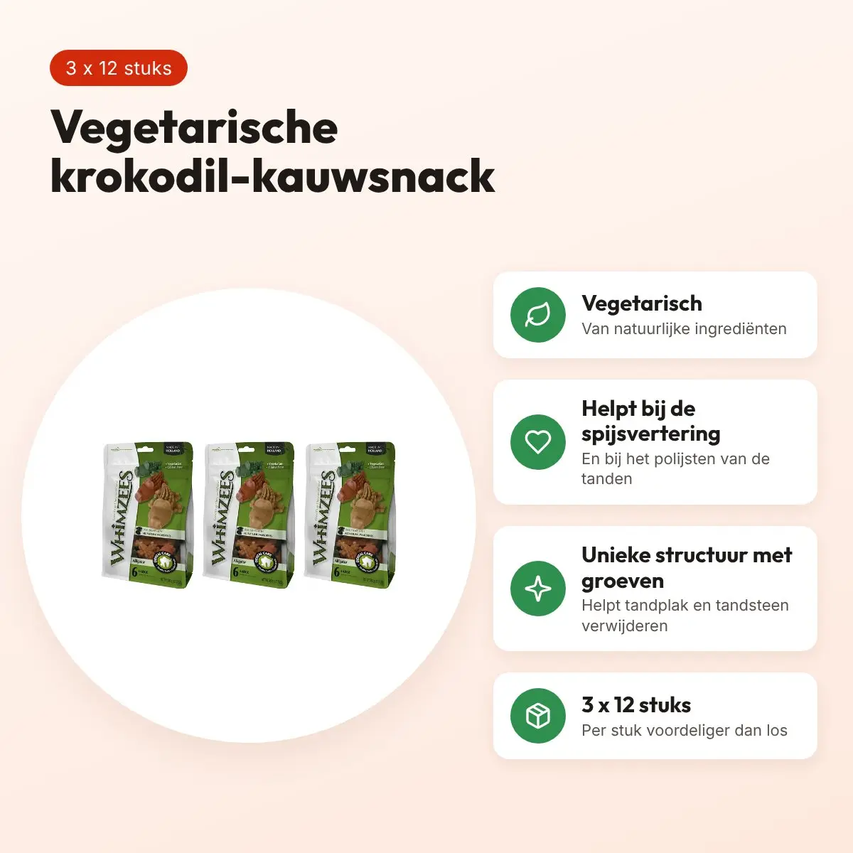 Whimzees Krokodil Medium 9 cm vegetarische snack – multipack 3 x 12 stuks – voordelen