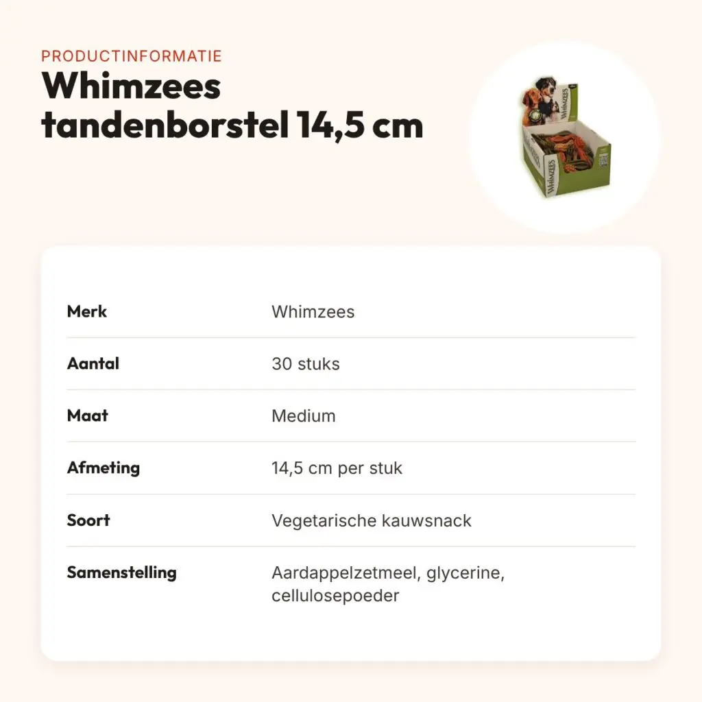 Whimzees tandenborstel hondenkauwsnack 14,5 cm – vegetarisch, 30 stuks – productinformatie