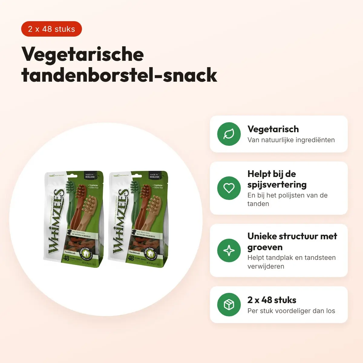 Whimzees Tandenborstel XS 6,5 cm kauwsnack – multipack 2 x 48 stuks – voordelen