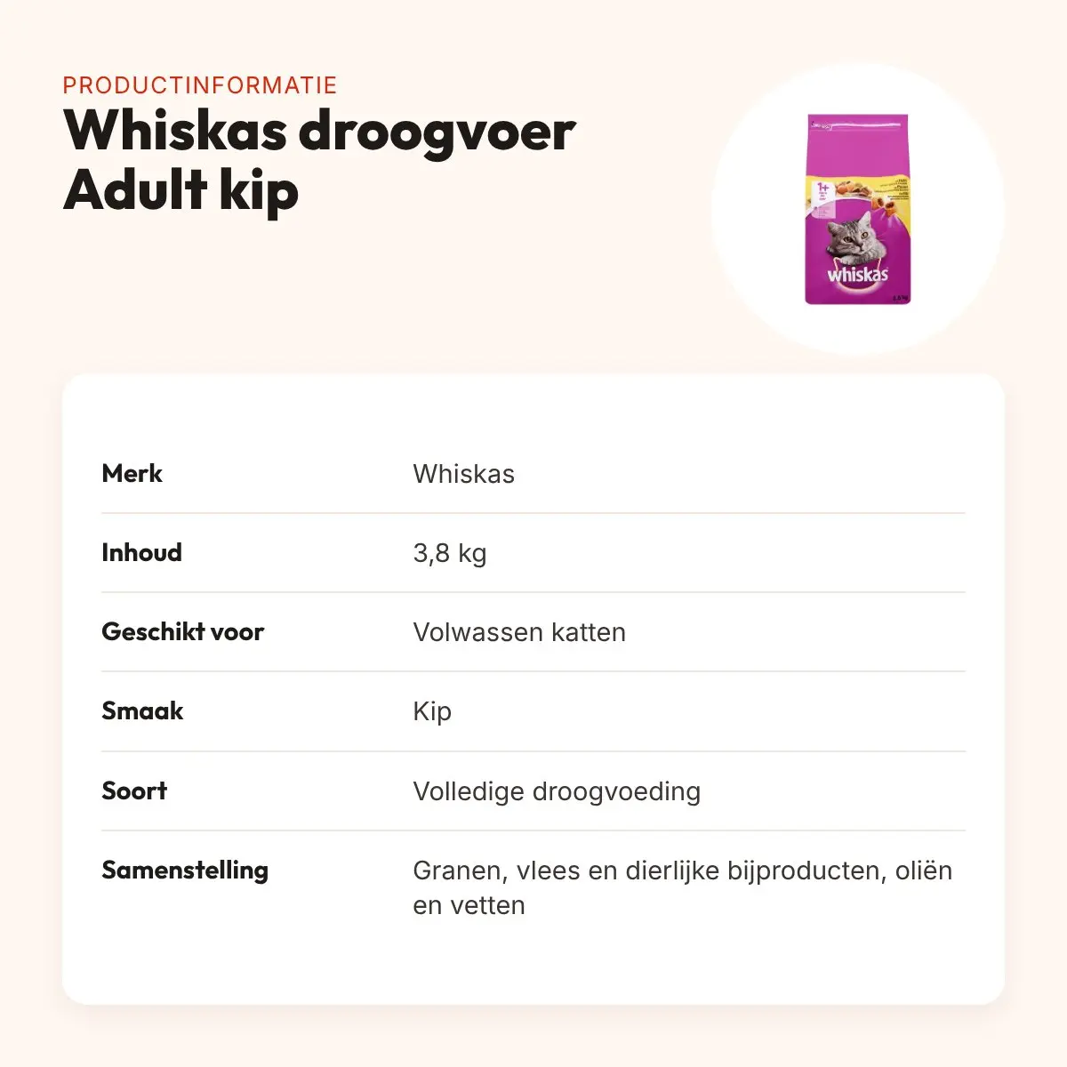 Whiskas droogvoer Adult Kip 3,8 kg – Dental Protection – productinformatie