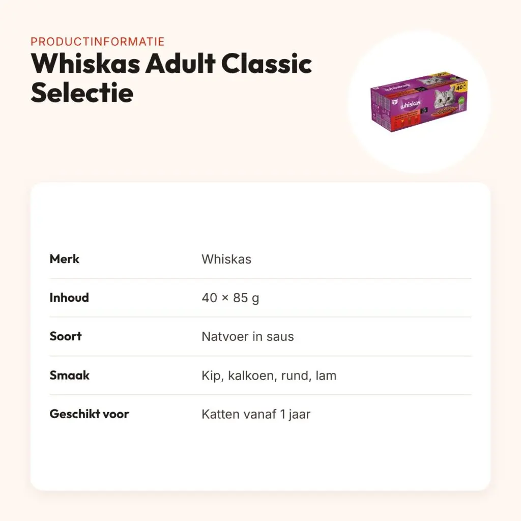 Whiskas kattenvoer Adult Classic Selectie vlees in saus 40 x 85 g – productinformatie