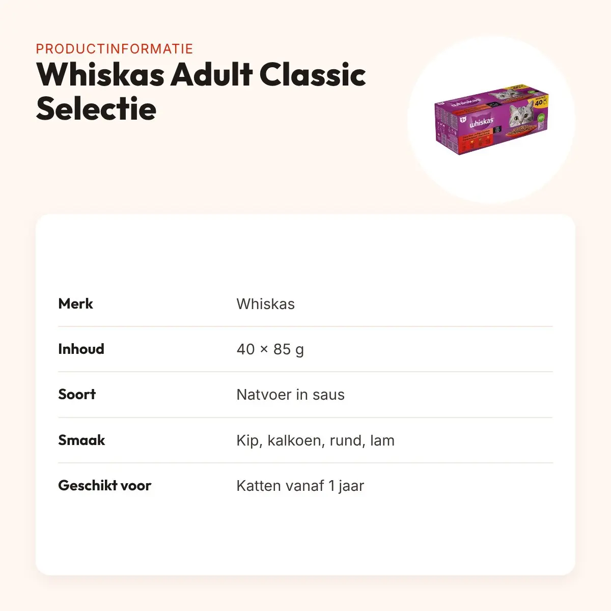 Whiskas kattenvoer Adult Classic Selectie vlees in saus 40 x 85 g – productinformatie