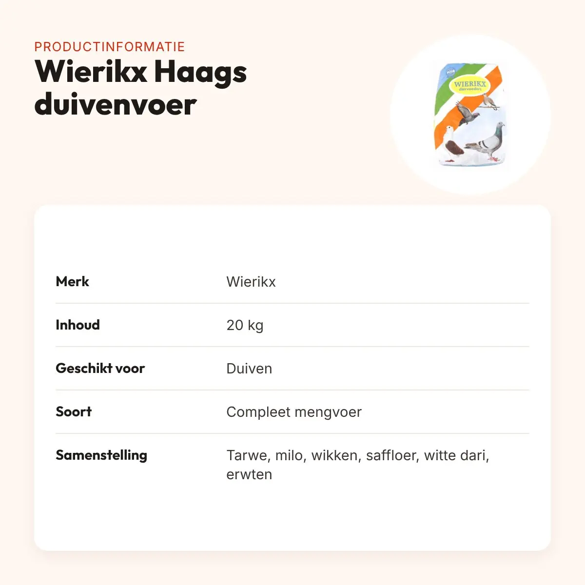 Wierikx Haags duivenvoer 20 kg – compleet mengvoer – productinformatie