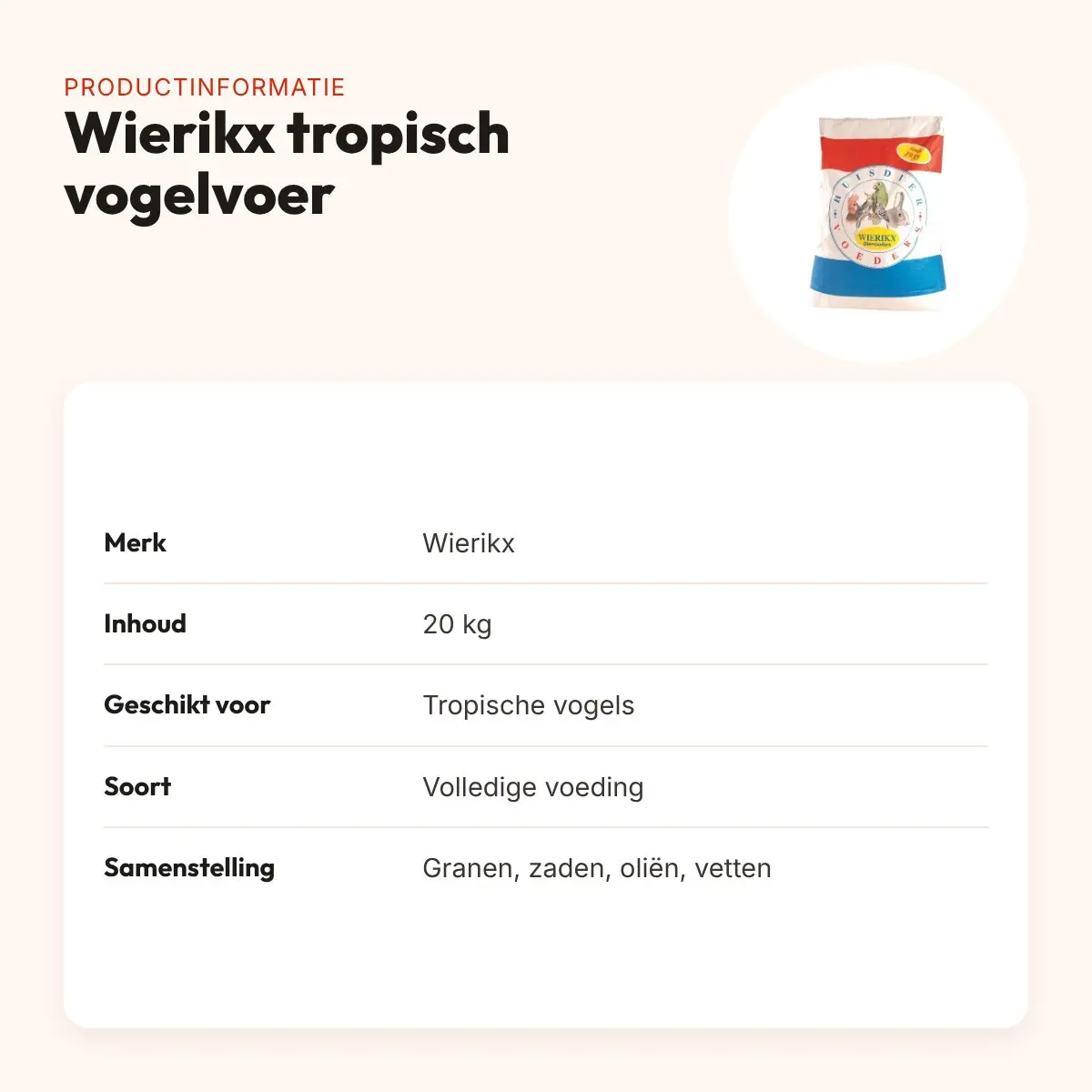 Wierikx tropisch vogelvoer 20 kg – granen, zaden en oliën – productinformatie