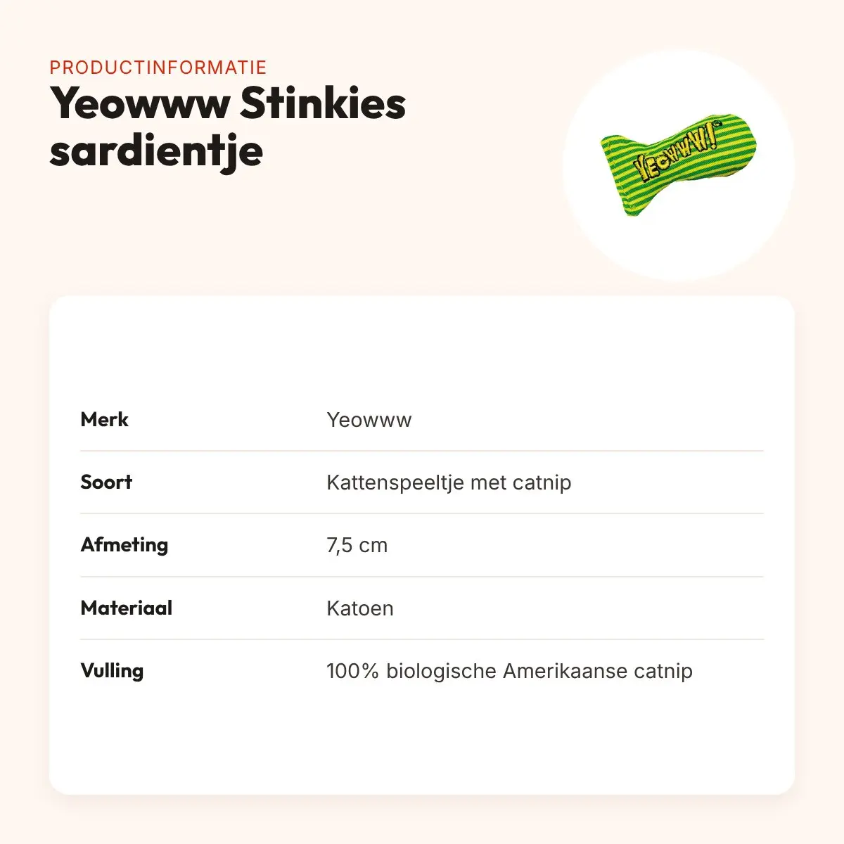 Yeowww Stinkies kattenspeeltje catnip sardientje gestreept 7,5 cm – productinformatie