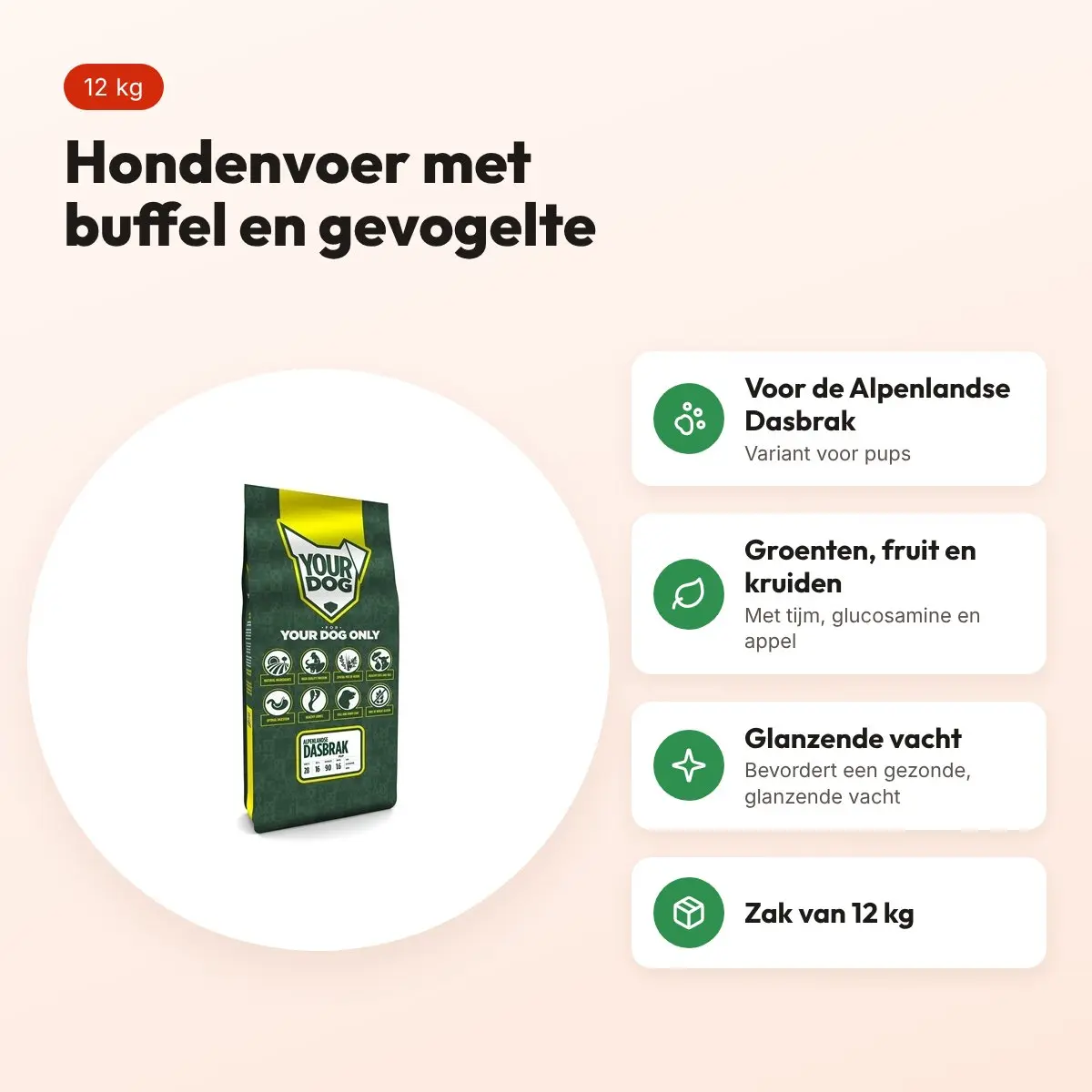 Yourdog hondenvoer Alpenlandse Dasbrak Pup 12 kg – buffel en gevogelte – voordelen