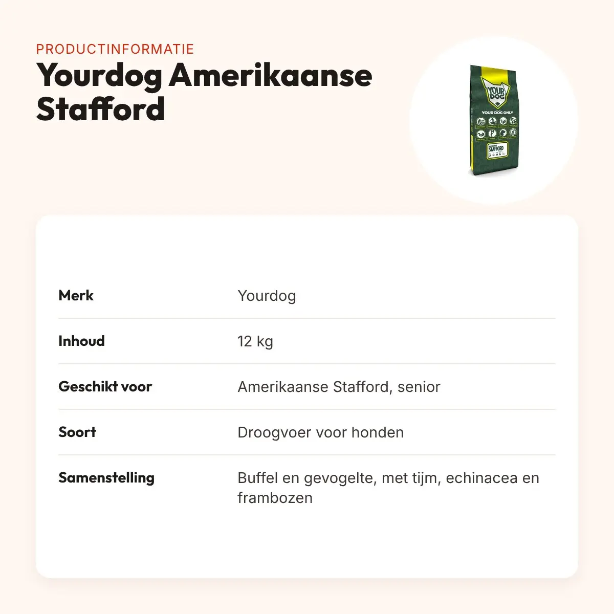 Yourdog hondenvoer Amerikaanse Stafford Senior 12 kg – buffel en gevogelte – productinformatie
