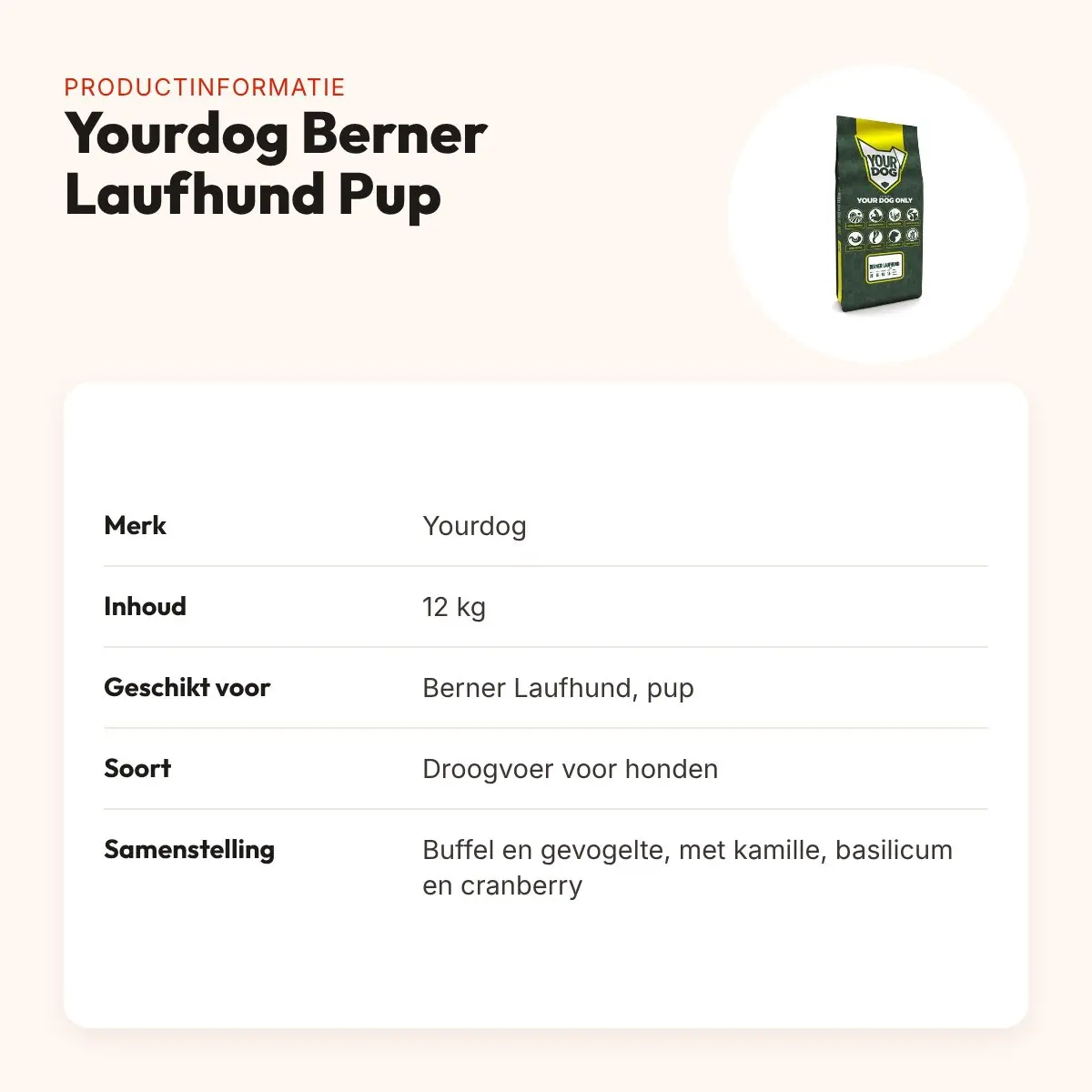 Yourdog hondenvoer Berner Laufhund Pup 12 kg – buffel en gevogelte – productinformatie