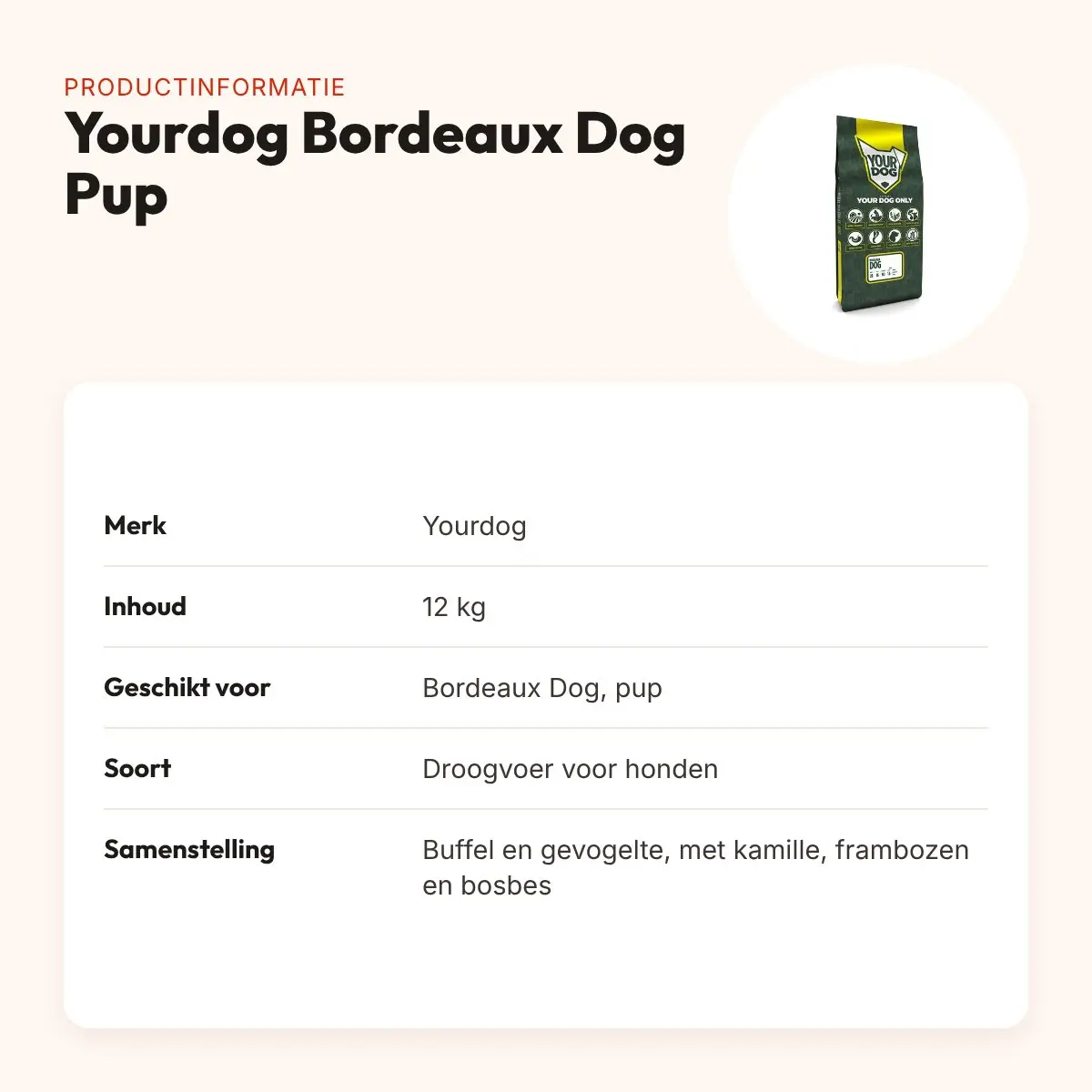 Yourdog hondenvoer Bordeaux Dog Pup 12 kg – buffel en gevogelte – productinformatie