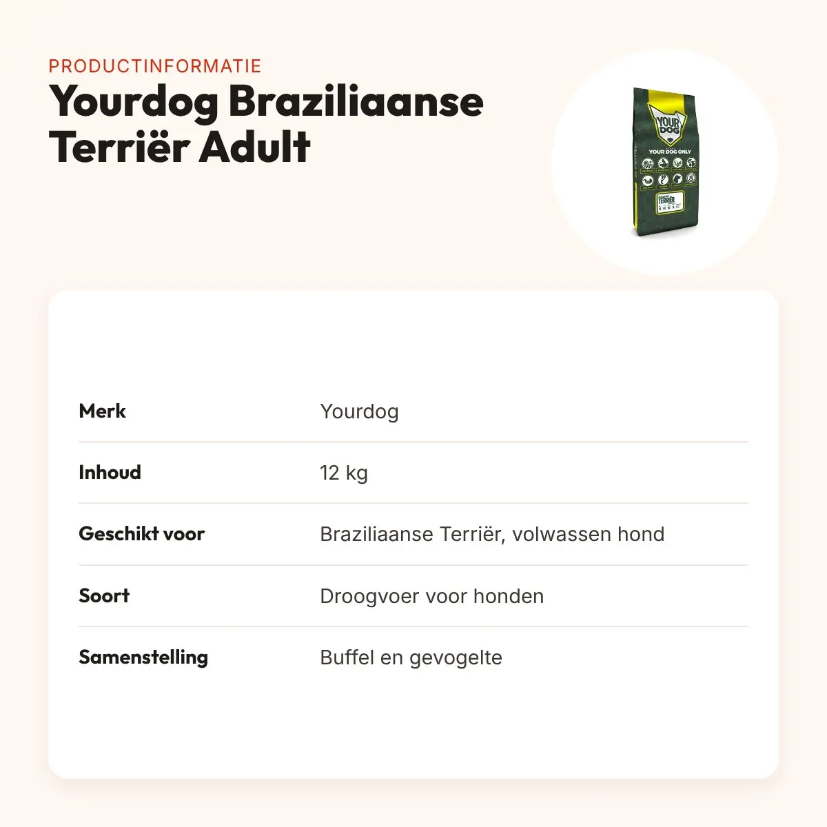 Yourdog hondenvoer Braziliaanse Terriër Adult 12 kg – buffel en gevogelte – productinformatie