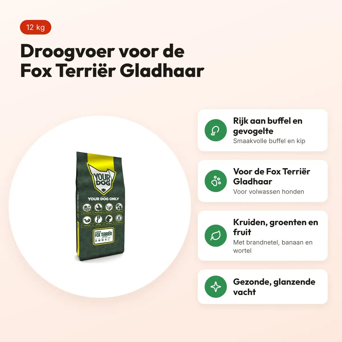 Yourdog hondenvoer Fox Terriër Gladhaar Adult 12 kg – buffel en gevogelte – voordelen
