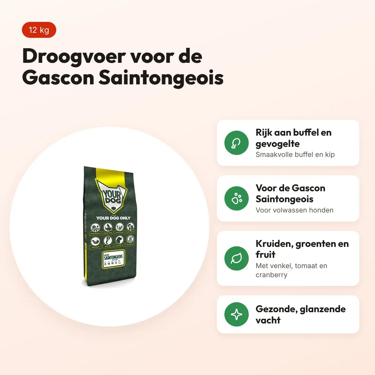 Yourdog hondenvoer Gascon Saintongeois Adult 12 kg – buffel en gevogelte – voordelen