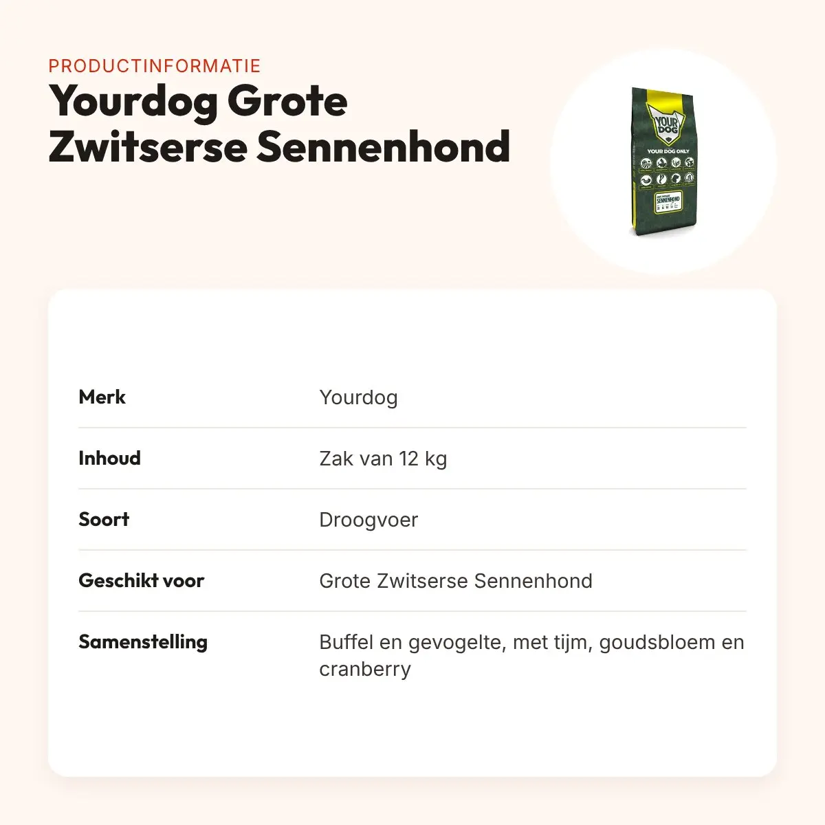 Yourdog hondenvoer Grote Zwitserse Sennenhond 12 kg – buffel en gevogelte – productinformatie
