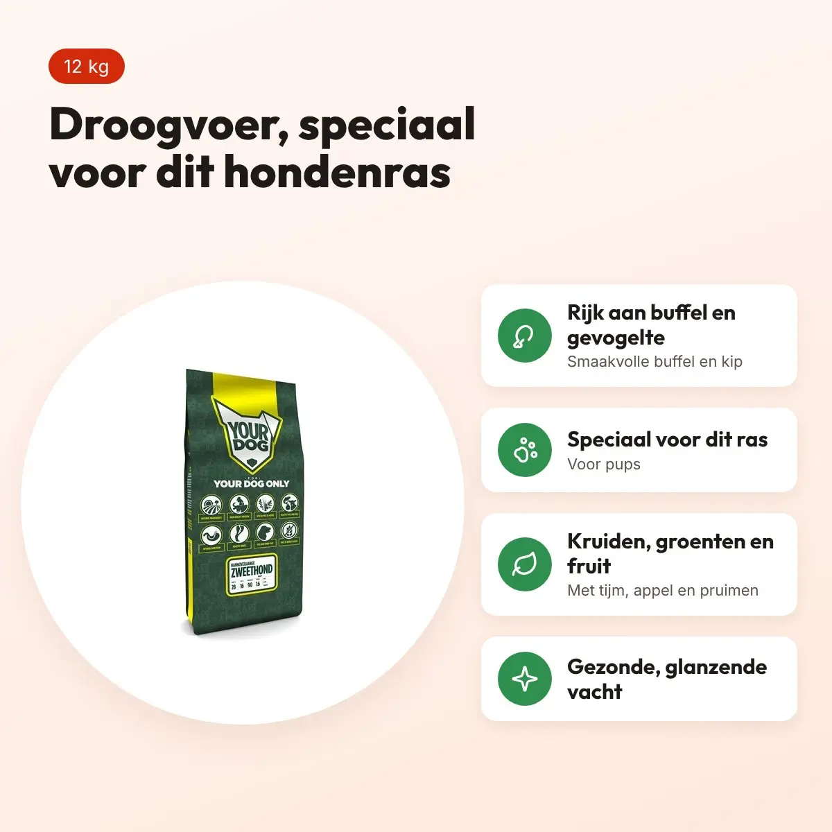 Yourdog hondenvoer Hannoveraanse Zweethond Pup 12 kg – buffel en gevogelte – voordelen
