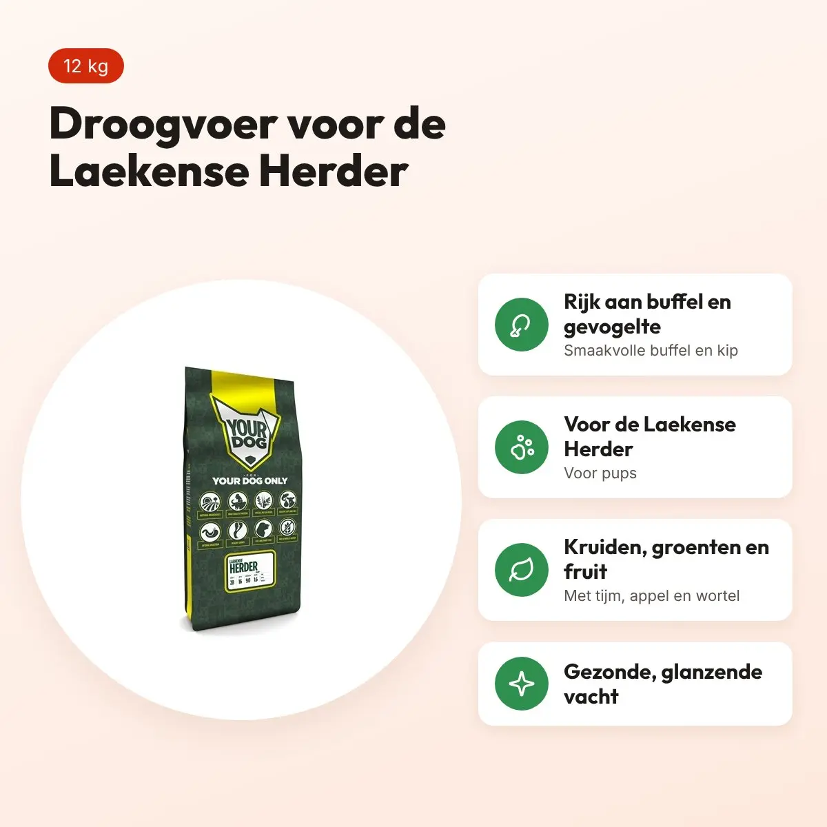 Yourdog hondenvoer Laekense Herder Pup 12 kg – buffel en gevogelte – voordelen