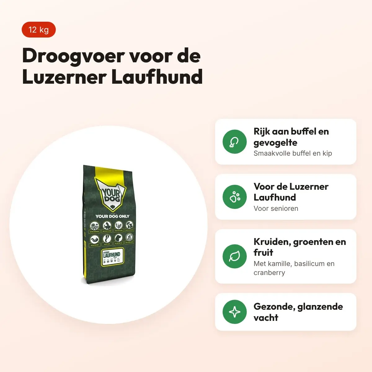 Yourdog hondenvoer Luzerner Laufhund Senior 12 kg – buffel en gevogelte – voordelen