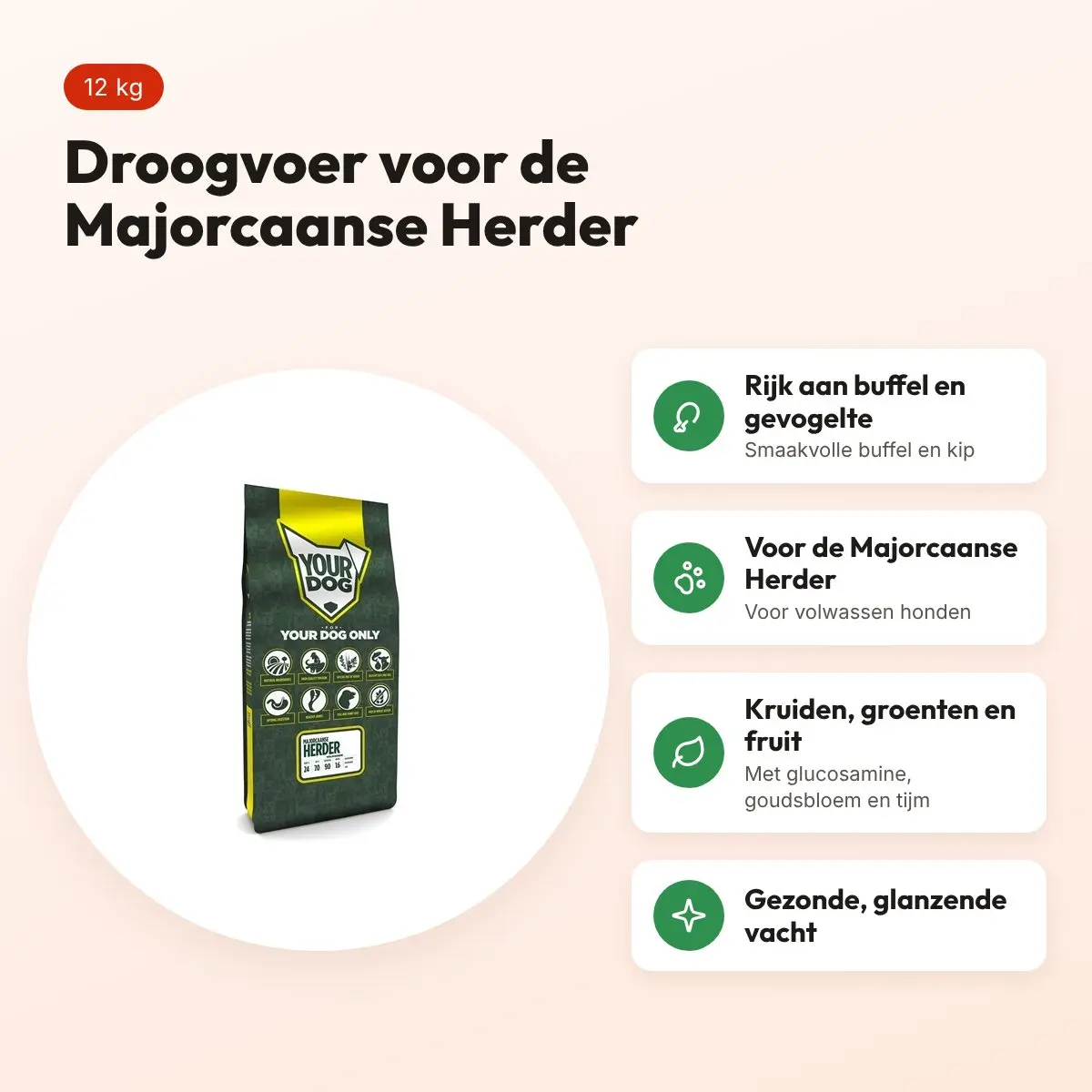 Yourdog hondenvoer Majorcaanse Herder Adult 12 kg – buffel en gevogelte – voordelen
