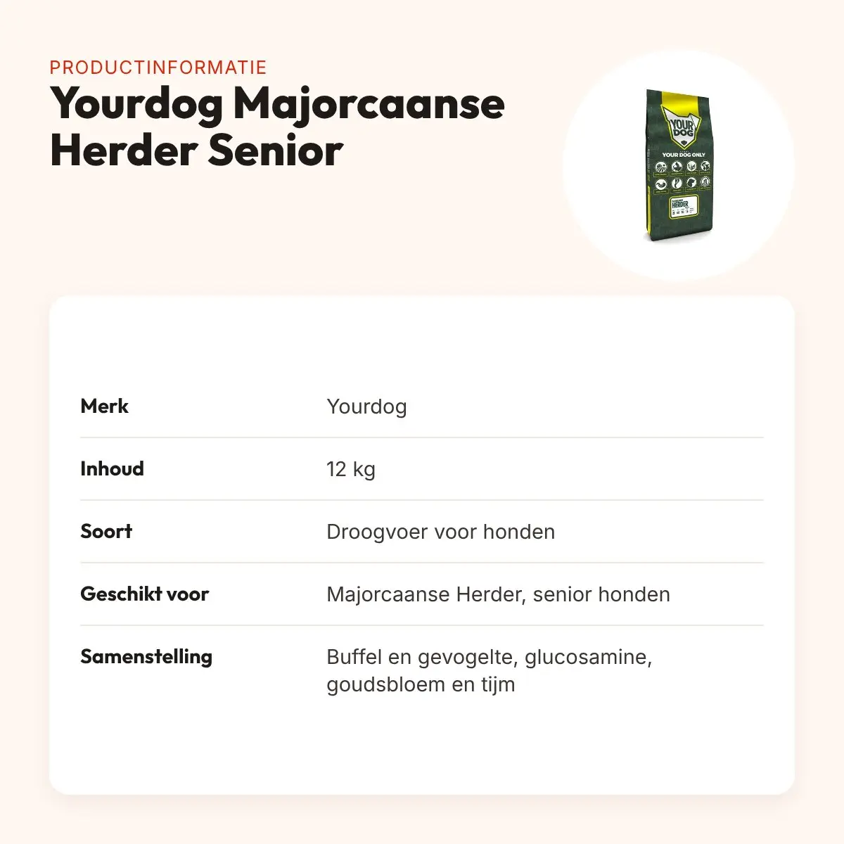 Yourdog hondenvoer Majorcaanse Herder Senior 12 kg – buffel en gevogelte – productinformatie