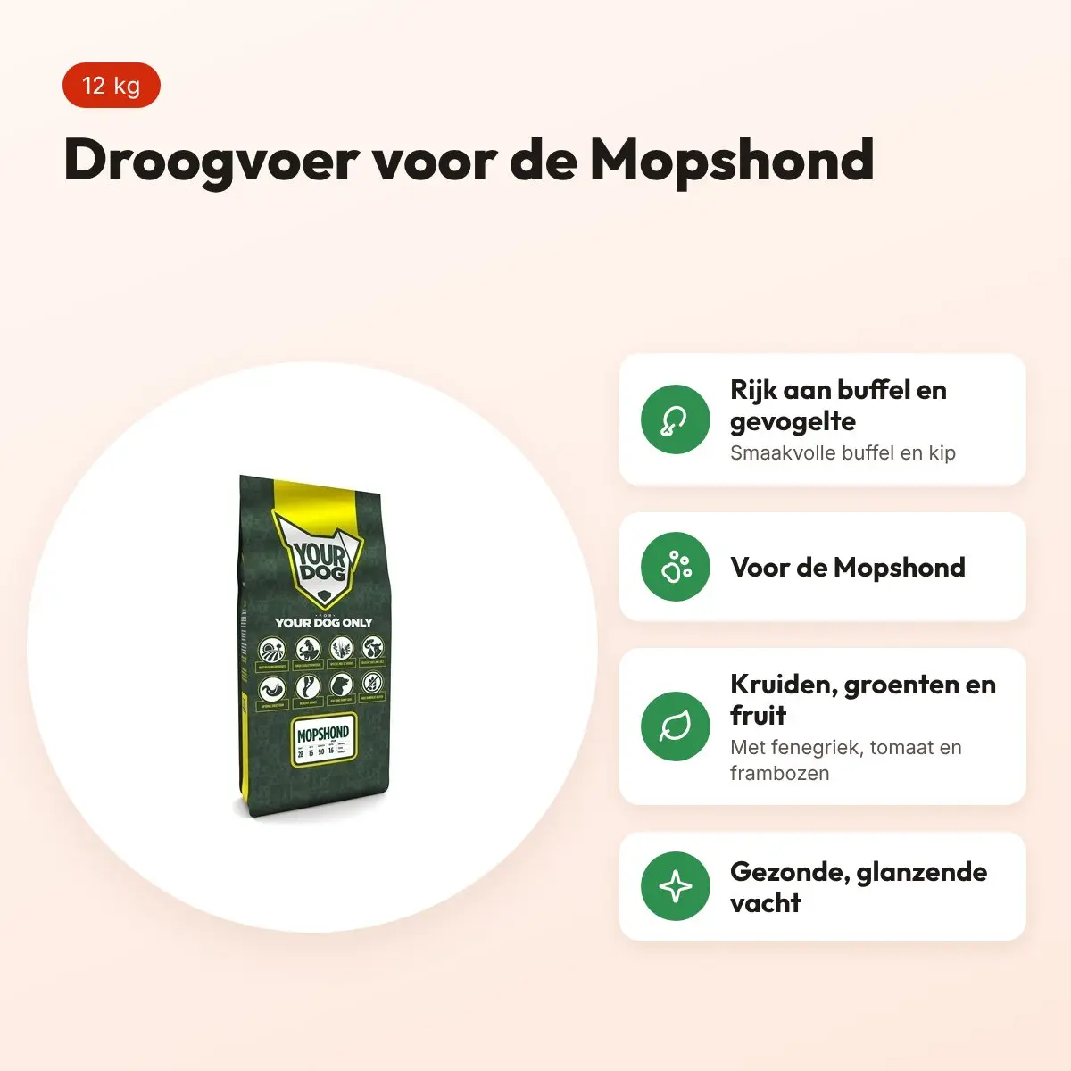 Yourdog hondenvoer Mopshond 12 kg – buffel en gevogelte – voordelen
