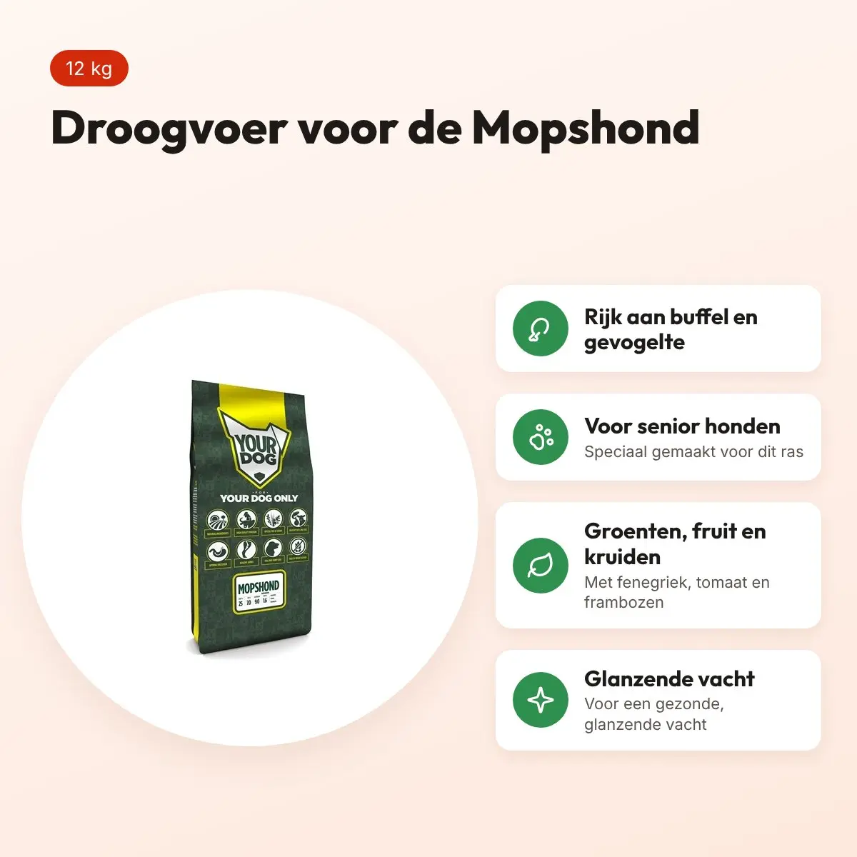 Yourdog hondenvoer Mopshond Senior 12 kg – buffel en gevogelte – voordelen