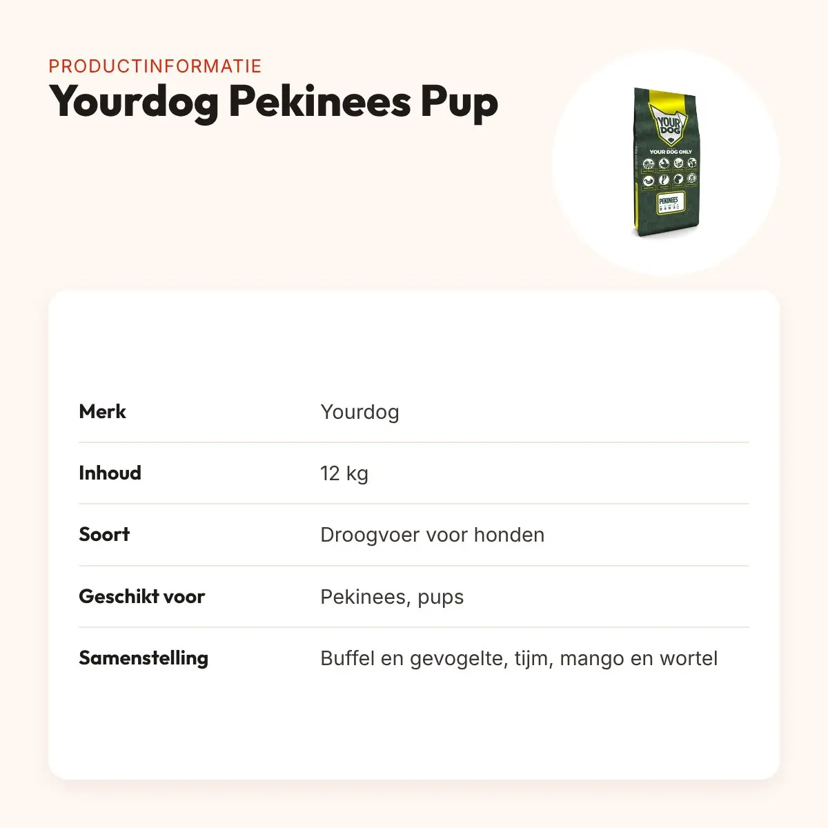 Yourdog hondenvoer Pekinees Pup 12 kg – buffel en gevogelte – productinformatie